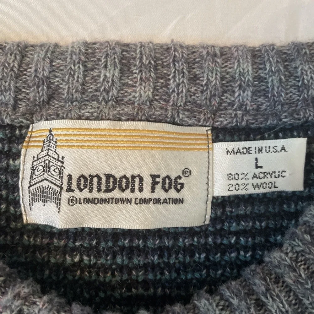 London Fog Sweater Men Large Grey Blue Fair Isle Wool Blend Crewneck Made in USA